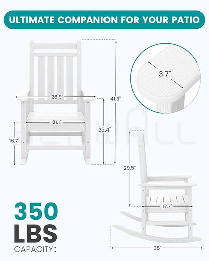 SERWALL Outdoor Rocking Chair, HDPE Rocking Chair for Adults, All Weather Porch Oversized Rockers for Lawn Garden, White