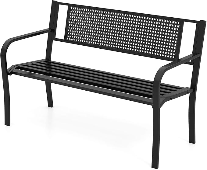 Tangkula Metal Patio Park Bench, 50 Inches Outdoor Garden Bench with Patterned Backrest and Curved Armrests, 2-3-Person Patio Bench, Outdoor Metal Loveseat Chair for Porch, Lawn, Park