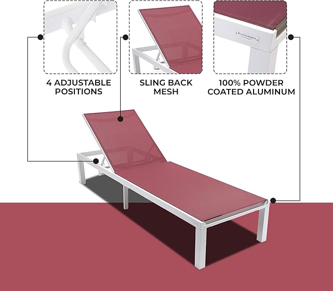 LeisureMod Marlin Aluminum Outdoor Chaise Lounge Chair - Mesh Sling Fabric Seat White Aluminum Frame Beach, Pool Lounge Chair for Modern Patio Lawn, Garden and Backyard (Burgundy)