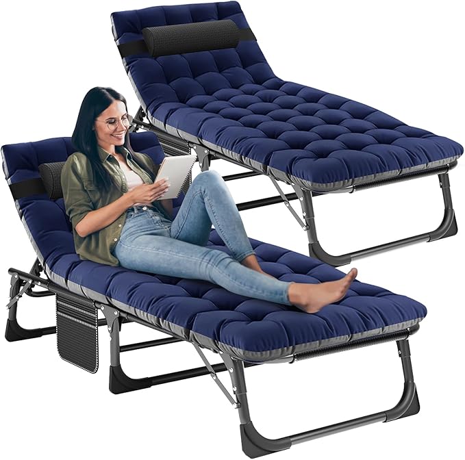 LILYPELLE Folding Outside Chaise Lounge Chair with Mattress, 5 Position Adjustable Patio Reclining Chairs Perfect for Outside, Sunbathing, Camping, Pool, Beach, Cozy Blue