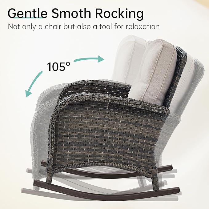 Patio Rocking Chair - 5 Peices Outdoor Wicker Rocker Porch Chair Set with Tempered Glass Side Table, and 2 Ottoman, Rattan Seating for Balcony Garden Brown/Beige