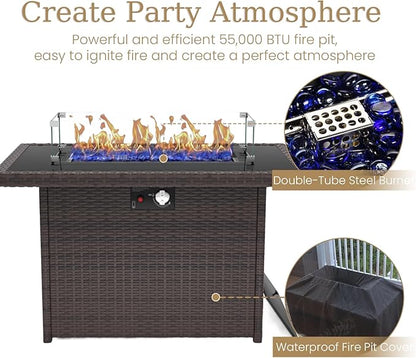 10 Piece Patio Furniture Set with Fire Pit Table, All-Weather Wicker Outdoor Conversation Set with Swivel Rocking Chair and 6 Inch Thick Cushions