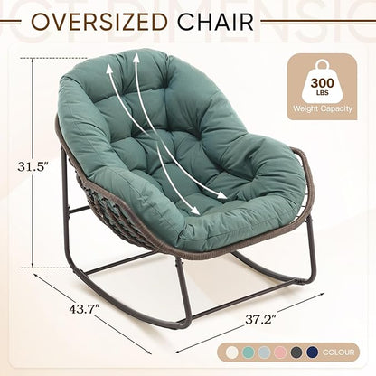 Large Indoor Outdoor Rocking Chair, Oversized Rocking Papasan Chair with Thick Cushion and Frame Outdoor Rocker, Comfy Wicker Egg Chairs Lounge for Outside Porch Patio Backyard Balcony, Light Green