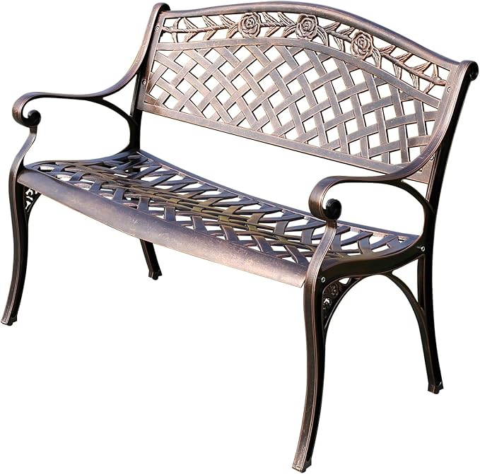 Outdoor Bench Chair Cast Aluminum Garden Bench Patio Bench All-Weather Park Bench for Backyard Porch Lawn (100cm Rose Park Bench)