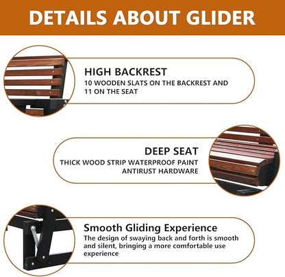 3-Seater Outdoor Glider Chair, 5FT Wood Porch Glider with High Roll Back, Cupholders and Deep Contoured for Porch, Garden, Dark Brown and Dark Grey