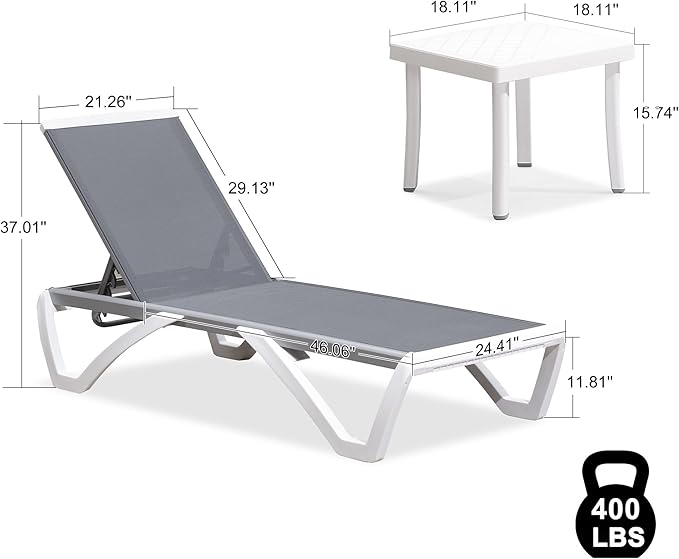 PURPLE LEAF Patio Chaise Lounge Chair Set Outside Aluminum Plastic Stackable Tanning Chairs with Side Table for Pool Sunbathing Beach Deck Outdoor Lounger, Light Grey