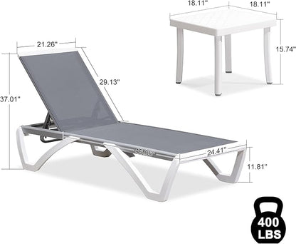 PURPLE LEAF Patio Chaise Lounge Chair Set Outside Aluminum Plastic Stackable Tanning Chairs with Side Table for Pool Sunbathing Beach Deck Outdoor Lounger, Light Grey