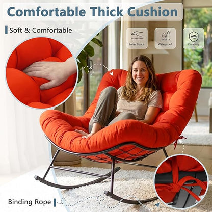Outdoor Rocking Chairs Set of 2 with Wicker Side Table, Thick Cushioned Papasan Rocking Chairs with End Table, 3PCS Oversized Egg Chair Set for Patio, Porch, Balcony, Bedroom, Living Room, Orange-red