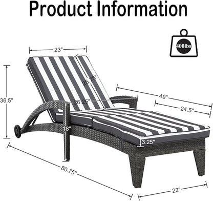 Patio Chaise Lounger Set of 6, Outdoor Lounger Patio Chairs, Heavy Duty Lounge Chairs Outdoor, Chaise Lounges for Resort, Backyard, Deck, Poolside, Garden, Grey Stripe