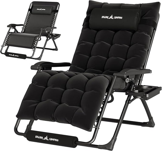UDPATIO Oversized Zero Gravity Chair 29In XL Patio Reclining Chair with Cushion, Outdoor Folding Recliner with Pillows|Cup Holder|Foot Rest|Padded Headrest, Black, Support 500LB