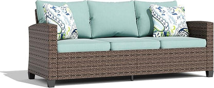 HERA'S HOUSE Outdoor Patio Sofa, 3-Seat Wicker Couch Loveseat, Deep Seating Furniture for Lawn Garden Porch Backyard, Blue
