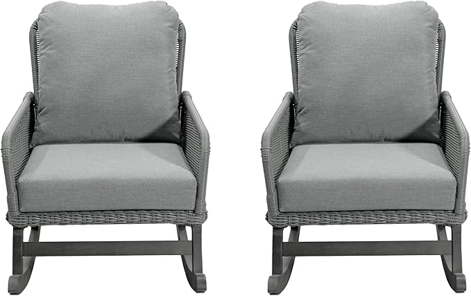 Christopher Knight Home Nadine Patio Rocking Chairs Set of 2, Wicker Rocker, Wood Rocking Chair, PE Rattan Wicker Chair, Rocking Chair with Cushions, Comfort Wicker Rocker for Backyard Balcony, Gray