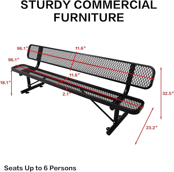 8 Ft Metal Park Bench for Outside, All-Weather Thermoplastic Coating Outdoor Bench with Backrest, Commercial Heavy Duty Benches for Shopping Malls, Stores, Parks, Patios, Decks, Black