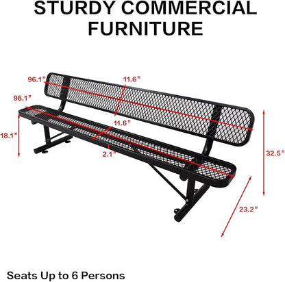 8 Ft Metal Park Bench for Outside, All-Weather Thermoplastic Coating Outdoor Bench with Backrest, Commercial Heavy Duty Benches for Shopping Malls, Stores, Parks, Patios, Decks, Black