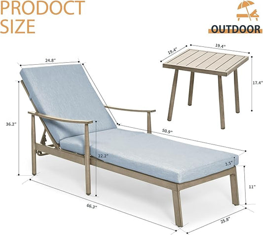 HAPPATIO Outdoor Chaise Lounge Set of 3, Aluminum Pool Chair with Adjustable Backrest and Cushion, Curved Armrest, Outdoor Lounge Chairs with Side Table for Beach, Yard, Poolside (Brown)
