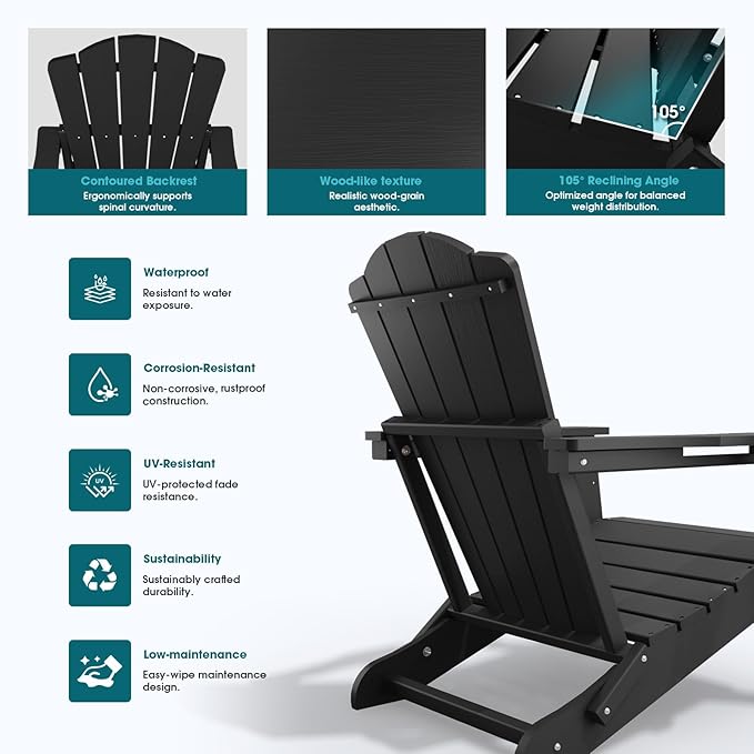 Folding Adirondack Chair Set of 2, HDPE All-Weather Outdoor Chair with Cup Holder, Wooden Textured, Fire Pit Chair - Photo 6