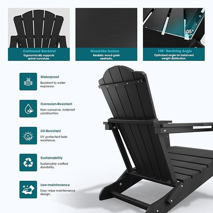 Folding Adirondack Chair Set of 4,HDPE All-Weather Outdoor Chair with Cup Holder,Wooden Textured,Fire Pit Chair,Plastic Patio Chair for Deck,Backyard,Garden,Lawn(Black)