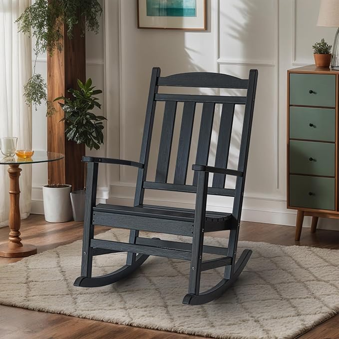 PROHIKER HDPE Rocking Chair, All Weather Plastic Rocking Chair with High Backrest, Outdoor Indoor Porch Rocker for Backyard, Balcony, Lawn, Garden, Black