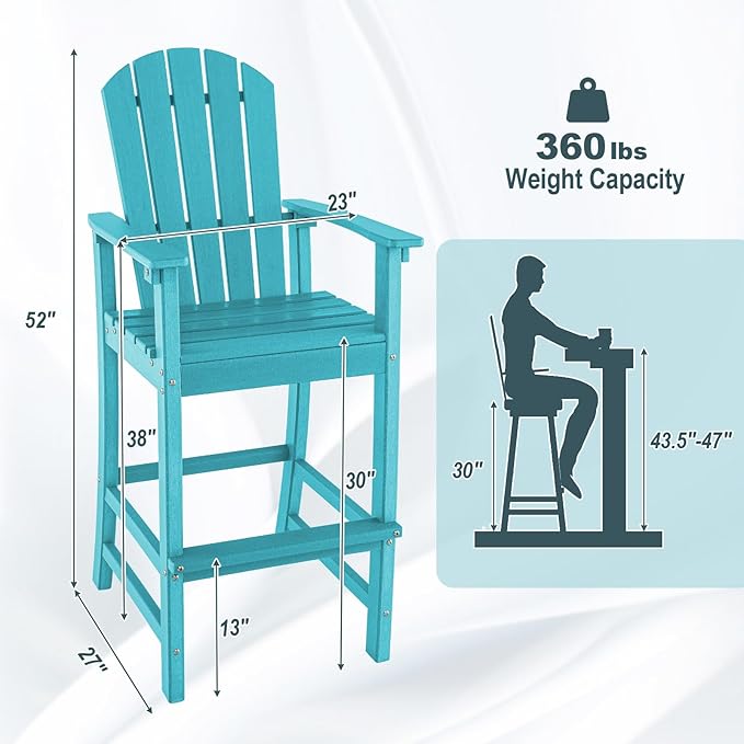 Giantex Set of 2 HDPE Outdoor Bar Stools, All Weather Tall Adirondack Chair with Armrest, Footrest, Load 360Lbs, Counter Height Bar Stool for Patio, Garden, Yard, Indoor Or Outdoor Use (Turquoise)