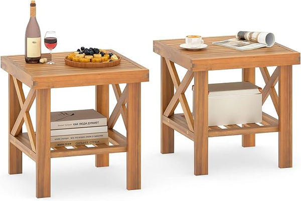 Tangkula Outdoor Side Table, 2-Tier Acacia Wood Adirondack Bistro Small Square Patio Table with Slatted Tabletop & - Photo 1