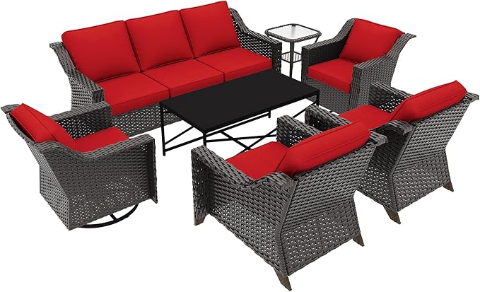 7 Pieces Outdoor Conversation Furniture Set - 77" Patio Sofa, 2 Armchairs, 2 Swivel Glider Chairs, 1 Side Table - Photo 7