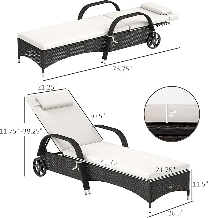 Outsunny Wicker Outdoor Chaise Lounge, 5-Level Adjustable Backrest PE Rattan Pool Lounge Chair with Wheels, Cushion & Headrest, Deep Coffee and Cream White