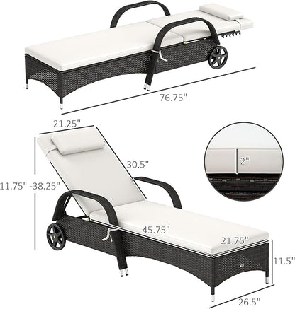 Outsunny Wicker Outdoor Chaise Lounge, 5-Level Adjustable Backrest PE Rattan Pool Lounge Chair with Wheels, Cushion & Headrest, Deep Coffee and Cream White