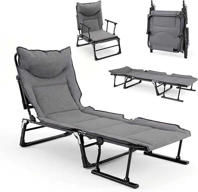 Giantex Folding Patio Lounge Chair with Pad, 3-in-1 Portable Chaise Lounge with 6 Backrest Positions, Head Pillow