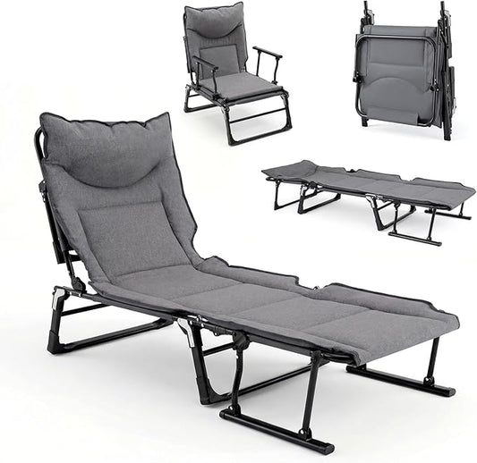 Giantex Folding Patio Lounge Chair with Pad, 3-in-1 Portable Chaise Lounge with 6 Backrest Positions, Head Pillow, Foldable Armrest, Outdoor Camping Cot for Living Room, Yard, Patio,Office (1)