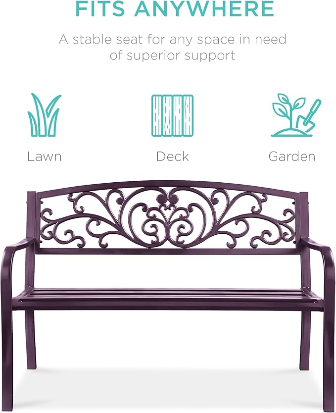 Best Choice Products Outdoor Bench Steel Garden Patio Porch Furniture for Lawn, Park, Deck w/Floral Design Backrest - Photo 3
