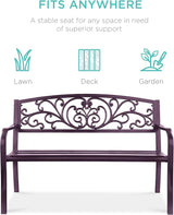 Best Choice Products Outdoor Bench Steel Garden Patio Porch Furniture for Lawn, Park, Deck w/Floral Design Backrest - Photo 3