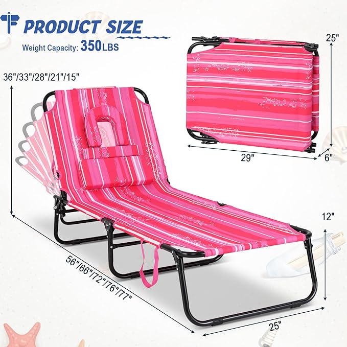 Goplus Tanning Chair, Folding Beach Lounge Chair with Face Hole, Removable Pillow, Carry Strap, Position Adjustable, Sunbathing Chair, Portable Outside Lounge Chair for Patio Pool