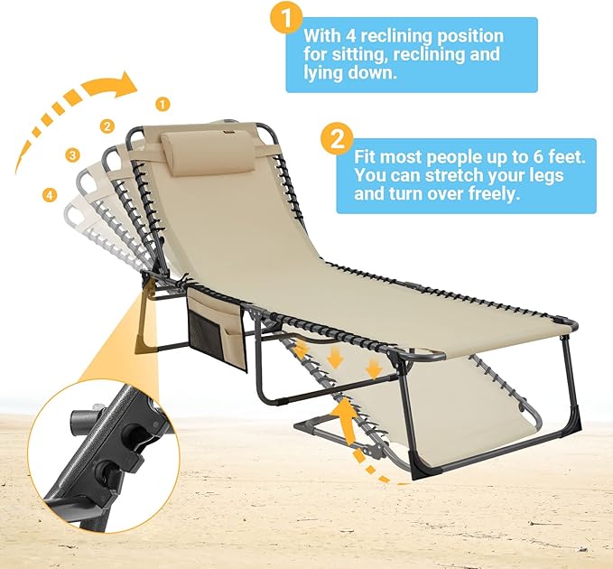 KingCamp Oversized Lounge Chair, Folding Portable Tanning Chairs Comfy Adjustable 5-Position Foldable Chaise Chaser Lounger with Pillow for Outdoor Beach Patio Sun Bathing Pool Backyard, Khaki
