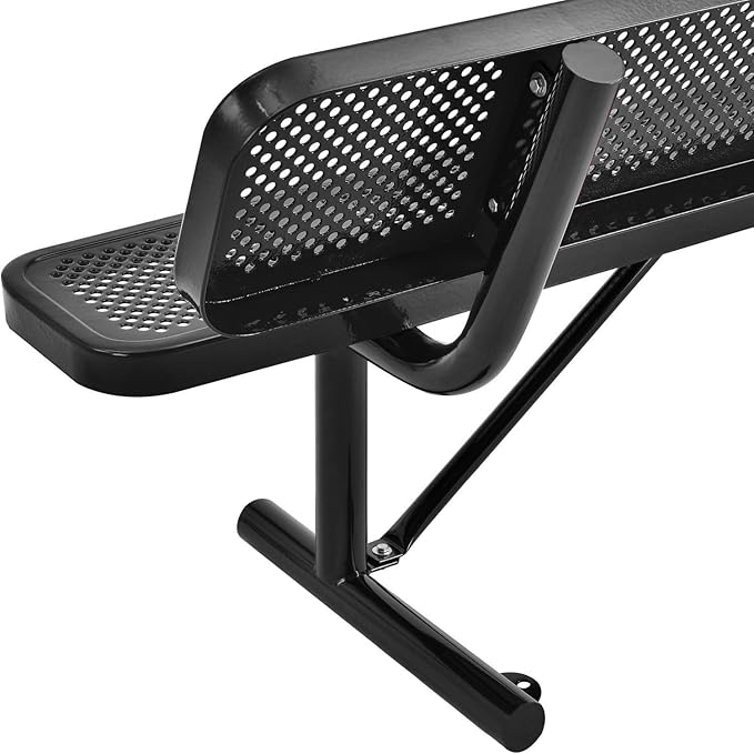 Global Industrial 6'L Heavy Duty Outdoor Steel Picnic Bench with Backrest, Perforated Metal, Portable Outdoor Bench, 1000 lbs Capacity, Black, 72" L x 24" W x 33" H