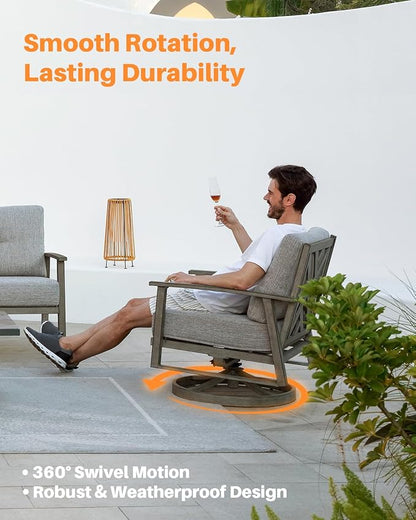 3 Pieces Outdoor Patio Bistro Set, Aluminum Swivel Chairs Patio Furniture Set with Thick Cushions, All Weather Patio Conversation Set with Side Table for Backyard, Balcony, Lawn, Limed Oak