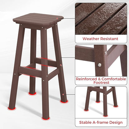 Costaelm 29" Height Outdoor Bar Stools, All-Weather Bar Stools, Adirondack Poly Patio Square Bar Stool for Patio, Deck, Kitchen Counter and Garden, Dark Brown