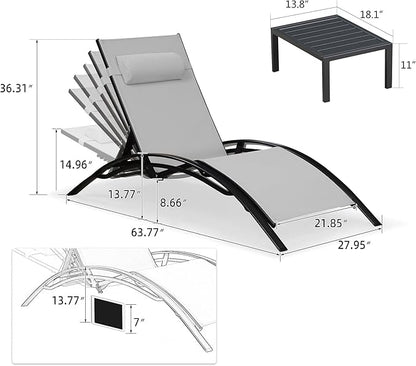 PURPLE LEAF Patio Oversized Chaise Lounge with 15FT Umbrella Outdoor Lounge Chair Beach Pool Sunbathing Lawn Lounger, Base and Side Table Included, Light Grey