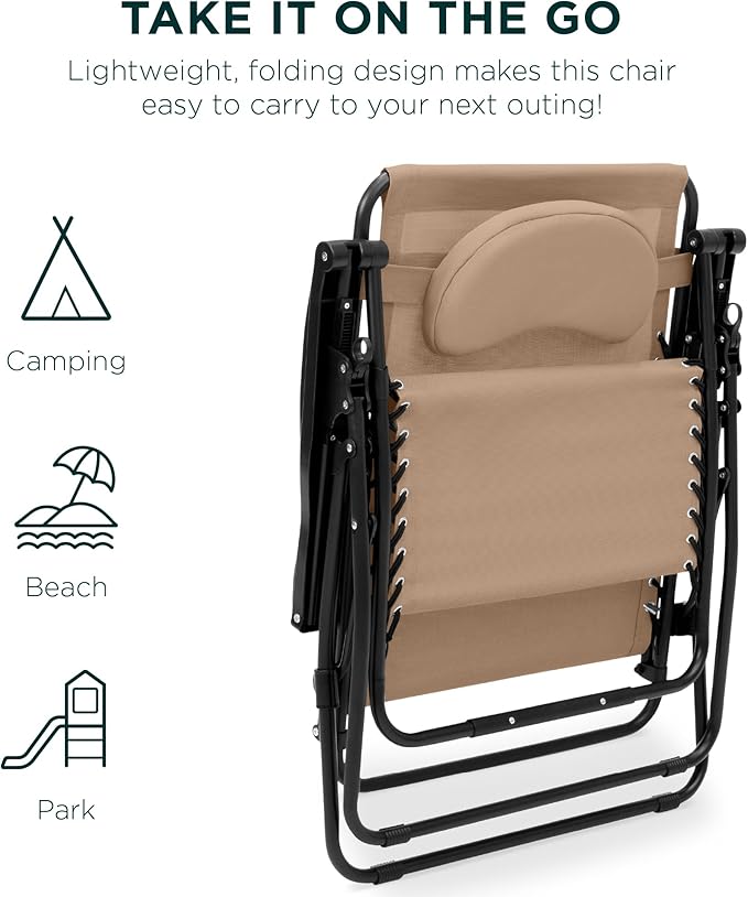 Best Choice Products Oversized Zero Gravity Chair, Folding Outdoor Patio Lounge Recliner w/Cup Holder Accessory Tray, Pillow - Tan