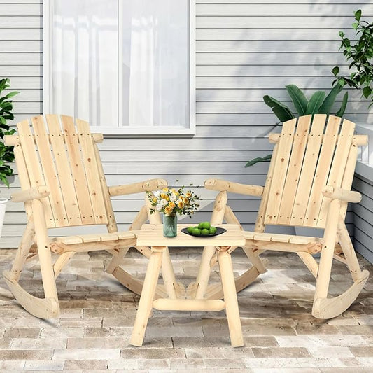 3-Piece Outdoor Wood Rocking Bistro Set, Rustic Adirondack Rocker Chair Set with High Back & Slatted Seat and Side Table, Patio Wooden Conversation Set for Indoor, Deck, Garden, Porch, Natural