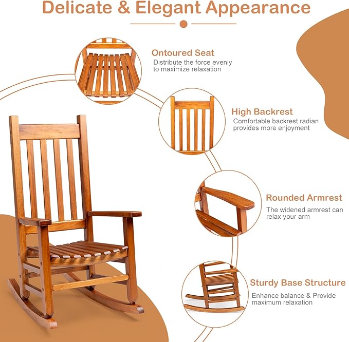 VINGLI Outdoor Child’s Rocking Chair, All Weather Wooden Rocking Chair with High Backrest, Patio Rocker for Garden, Yard, Balcony, Wooden Rocker for 6-10 Years Old, Teak