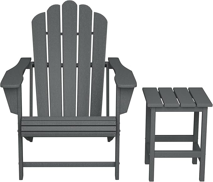 Costaelm Lakeview Outdoor Patio HDPE Adirondack Chair with Cup Holder and Table Set, Gray