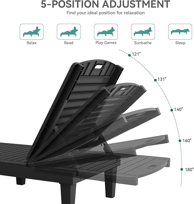 YITAHOME Outdoor Chaise Lounge Chair, Plastic Pool Chaise Lounge with 5-Position Backrest, Easy Assembly & Waterproof for Patio & Poolside, Set of 4, Black