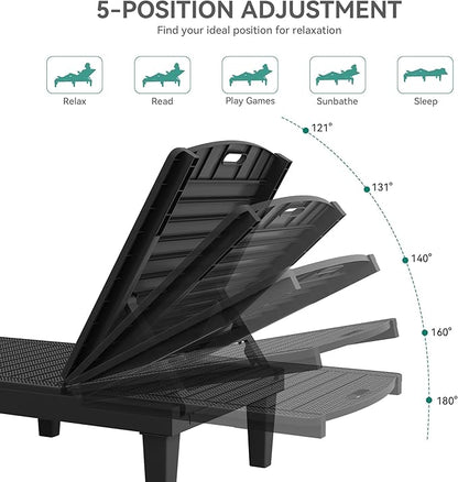 YITAHOME Outdoor Chaise Lounge Chair, Plastic Pool Chaise Lounge with 5-Position Backrest, Easy Assembly & Waterproof for Patio & Poolside, Set of 4, Black