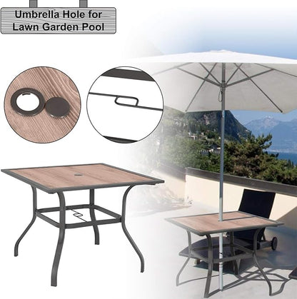 Sophia & William Square Patio Dining Table with 1.57" Umbrella Hole, Outdoor Table with Imitation Wood Tabletop and Brown Metal Steel Frame, for Lawn Garden Backyard, L37 X W37 X H28