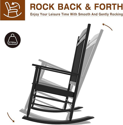 MUPATER Outdoor Rocking Chair Sets 3-Piece, Bistro Table and Chairs Set of 2,Patio Wooden Rocker Bistro Set with Foldable Table and Curved Seat,Black