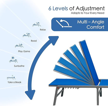 Kozyard 3-Pieces Patio Lounge Set, 2Foldable Adjustable Lounge Chairs and Side Table, Aluminum Frame, Breathable Textilene Fabric, Assemble-Free, Reclining to Flat for Pool, Beach (Blue)