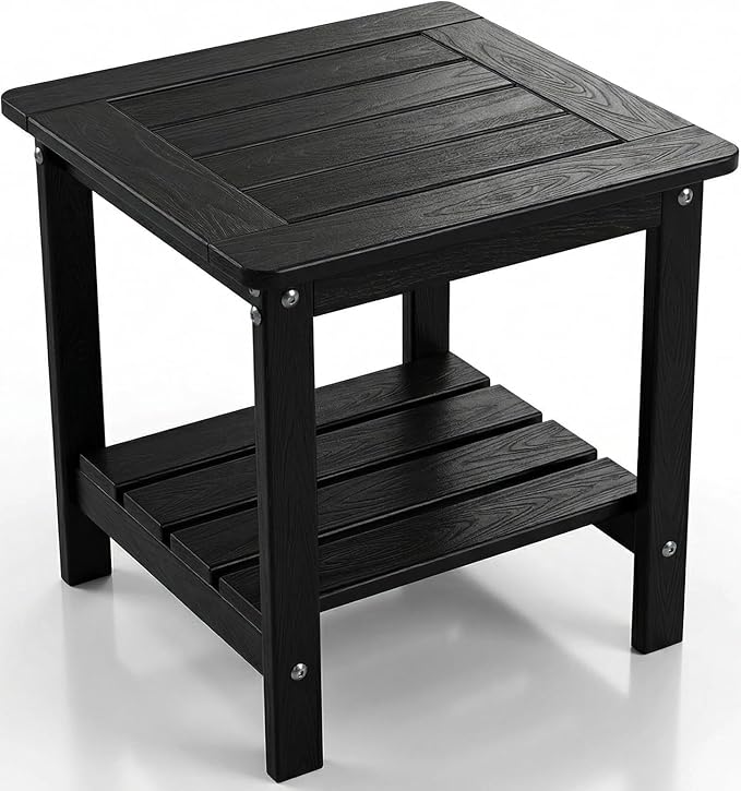 Kibaso-Adirondack Outdoor Side Table, 2-Tier HDPE Outdoor End Table, Weather Resistant Easy Maintenance, Small Patio Side Table for Patio, Pool, Porch, Garden, Lawn, and Living Room (1, Black)