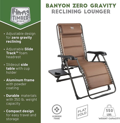 TIMBER RIDGE Aluminum Zero Gravity Chairs, Folding Recliner Chair Padded with Cup Holder and Headrest, Adjustable Lounge Reclining Chair for Outdoor Camping Lawn Patio Indoor, Supports 350lbs, Brown