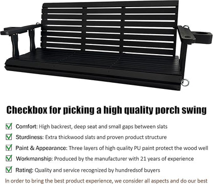 Wooden Porch Swing 3-Seater, High Backrest and Deep Seat, Bench Swing with Cupholders, Hanging Chains and 7mm Springs, Heavy Duty 880 LBS, for Outdoor Patio Garden (Carbon Black, 5 FT Extra Large)
