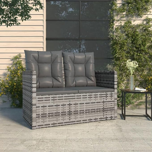 Modern Grey Poly Rattan Garden Bench with Cushions, Durable Outdoor Patio Bench for Two, Rectangular Steel Frame Design for Balcony and Terrace Seating
